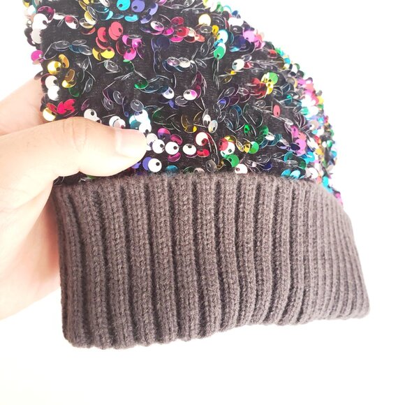 Dull Black Colorful Sequin Winter Beanie Bobble Hat - Picture 10 of 14